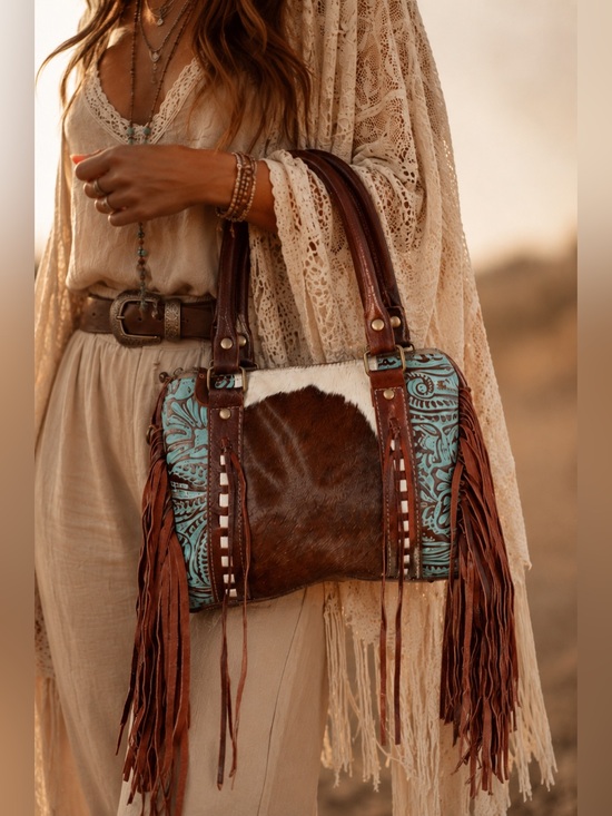 Myra Bag Handbags - Myra Bag Cowhide Tooled Genui Leather Fringe Satchel Western Boho Bag Purse Med